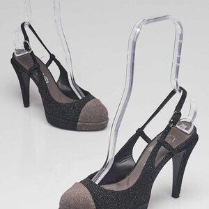 Chanel Black/Grey Glitter Cap Toe Slingback Pumps Size 6.5/37